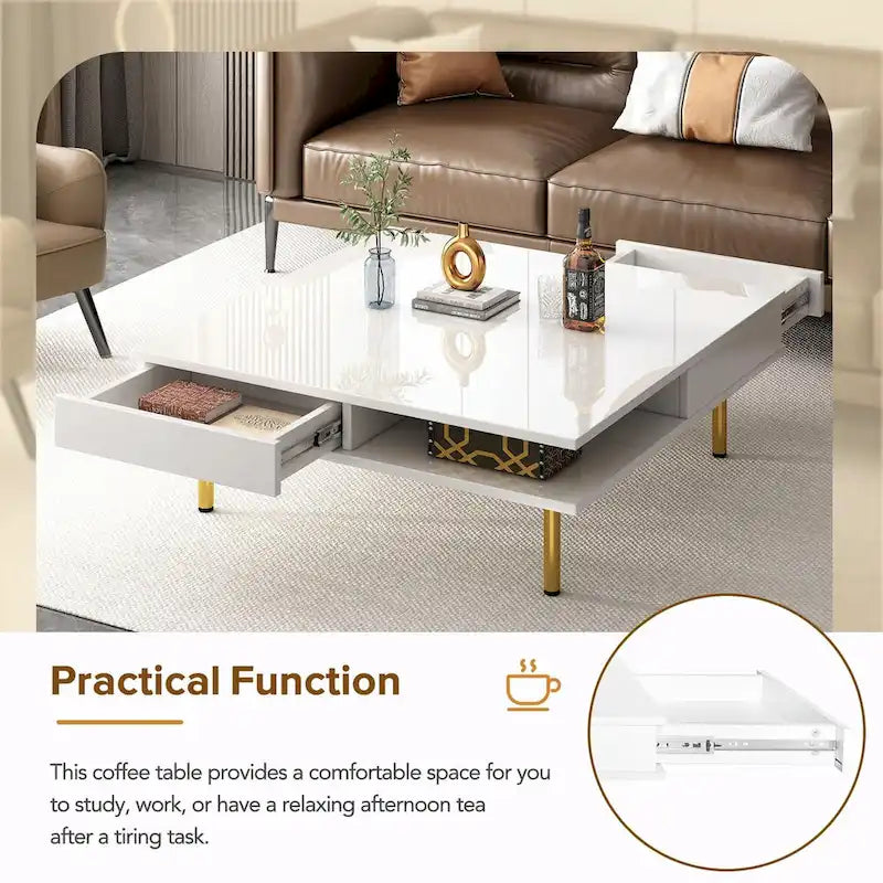 Table basse laquée : 4 pieds dorés, 2 tiroirs, design carré à 2 niveaux