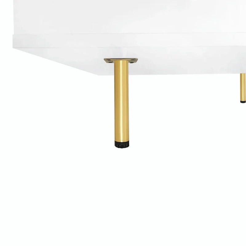 Table basse laquée : 4 pieds dorés, 2 tiroirs, design carré à 2 niveaux