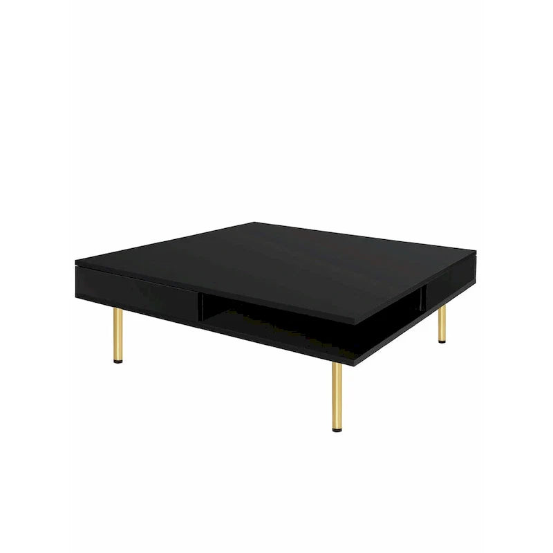 Table basse laquée : 4 pieds dorés, 2 tiroirs, design carré à 2 niveaux