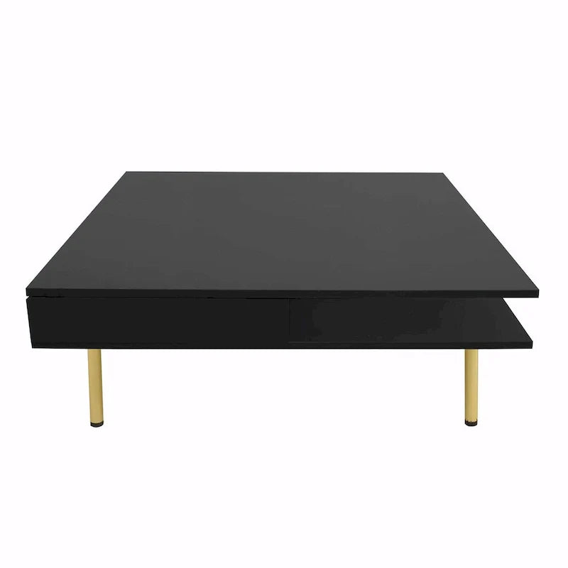 Table basse laquée : 4 pieds dorés, 2 tiroirs, design carré à 2 niveaux