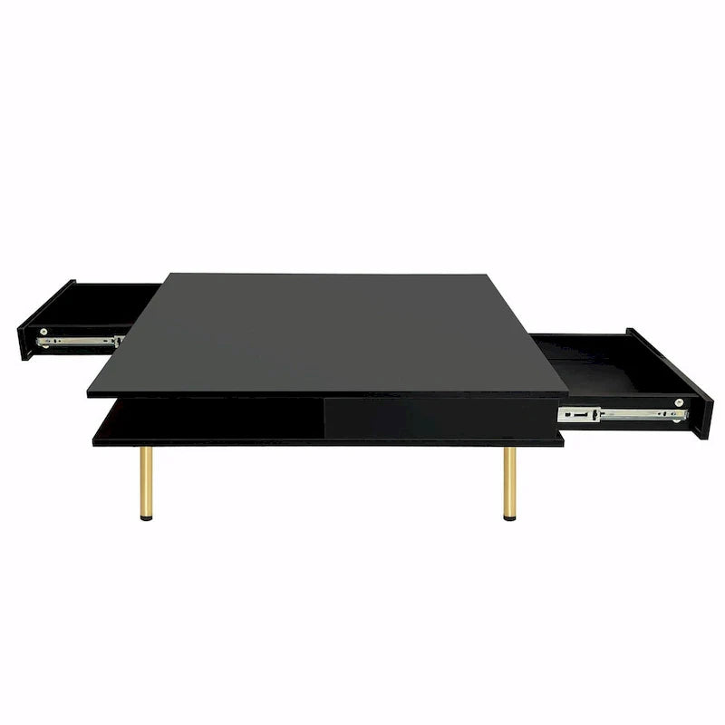 Table basse laquée : 4 pieds dorés, 2 tiroirs, design carré à 2 niveaux