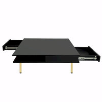 Table basse laquée : 4 pieds dorés, 2 tiroirs, design carré à 2 niveaux
