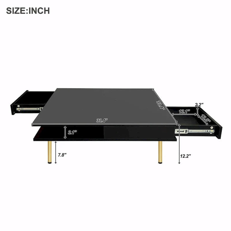 Table basse laquée : 4 pieds dorés, 2 tiroirs, design carré à 2 niveaux