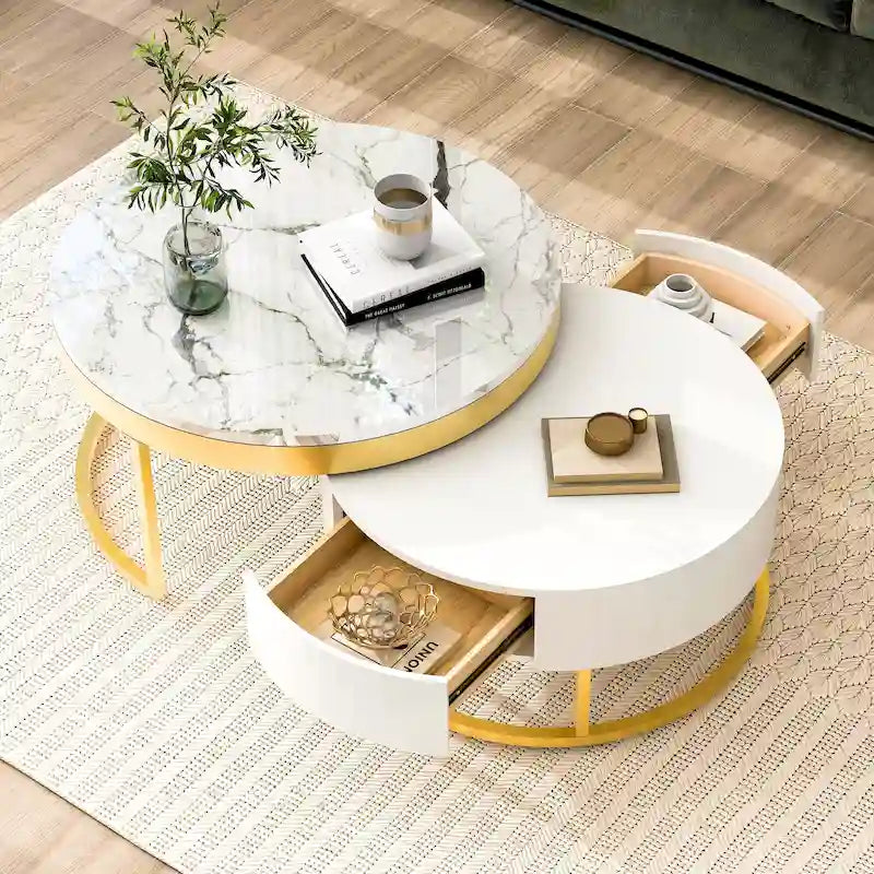 Table basse ronde gigogne moderne avec tiroirs