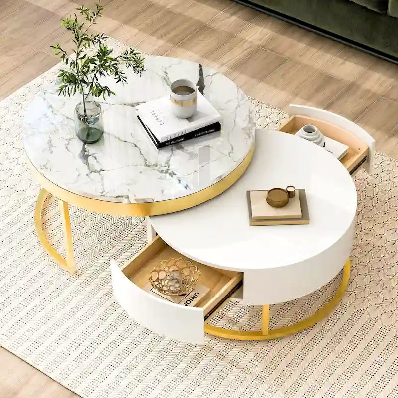 Table basse ronde gigogne moderne avec tiroirs