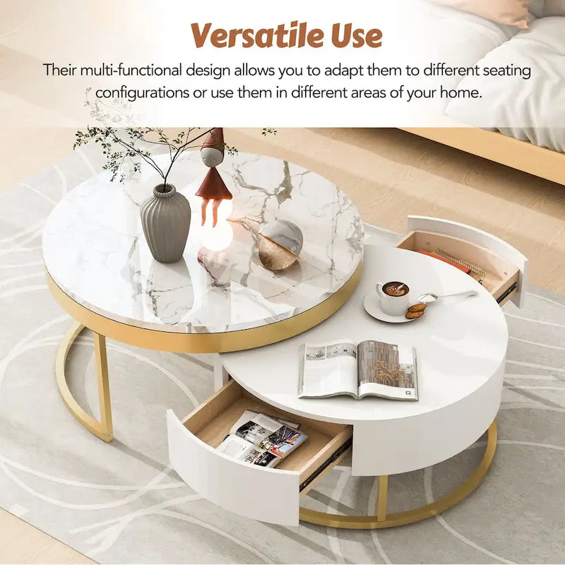 Table basse ronde gigogne moderne avec tiroirs