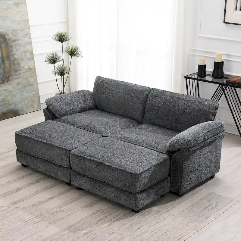 Ensemble canapé-lit sectionnel modulable convertible à combinaison libre 4 places rembourré, assise profonde, ottoman, gris