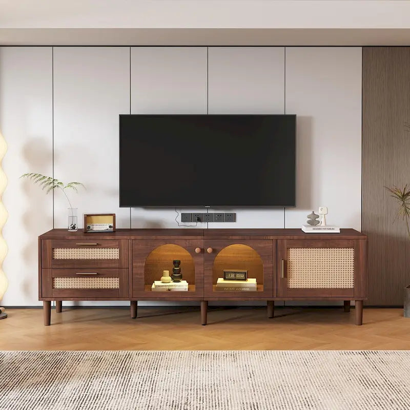 Meuble TV avec 3 armoires et 2 tiroirs, table console multimédia pour TV jusqu'à 80, meuble multimédia à LED, armoire TV