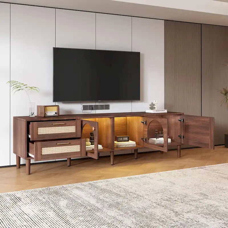 Meuble TV avec 3 armoires et 2 tiroirs, table console multimédia pour TV jusqu'à 80, meuble multimédia à LED, armoire TV