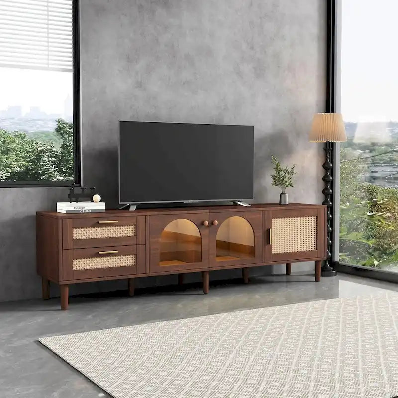 Meuble TV avec 3 armoires et 2 tiroirs, table console multimédia pour TV jusqu'à 80, meuble multimédia à LED, armoire TV