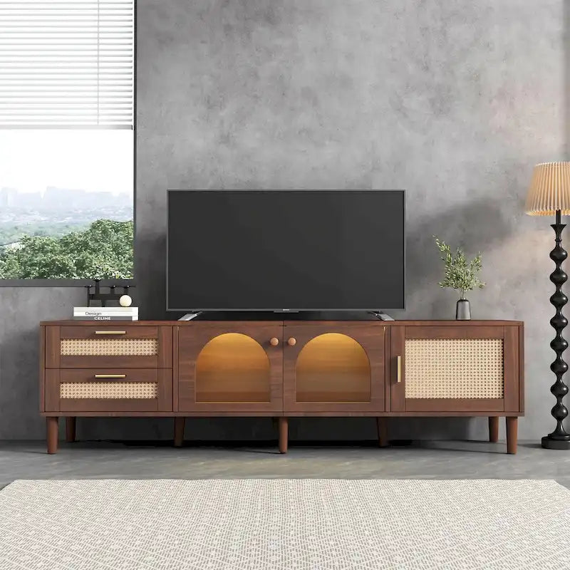 Meuble TV avec 3 armoires et 2 tiroirs, table console multimédia pour TV jusqu'à 80, meuble multimédia à LED, armoire TV