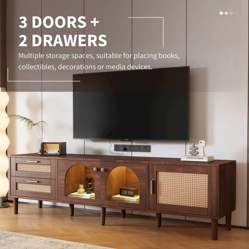 Meuble TV avec 3 armoires et 2 tiroirs, table console multimédia pour TV jusqu'à 80, meuble multimédia à LED, armoire TV