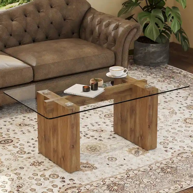 Table basse et table à manger moderne minimaliste en verre trempé avec plateau à autocollant, associée à un MDF doré décoratif