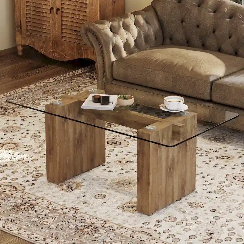Table basse et table à manger moderne minimaliste en verre trempé avec plateau à autocollant, associée à un MDF doré décoratif