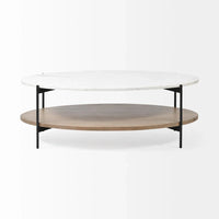 HomeRoots Table basse ovale de 48 po en marbre véritable marron et noir et métal avec étagère - 30