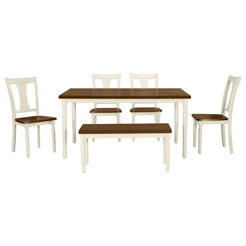 Ensemble de salle à manger classique 6 pièces, table en bois et 4 chaises avec banc