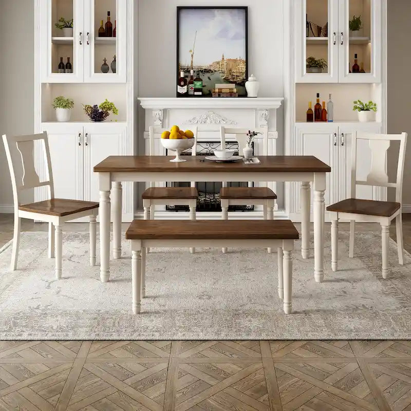 Ensemble de salle à manger classique 6 pièces, table en bois et 4 chaises avec banc