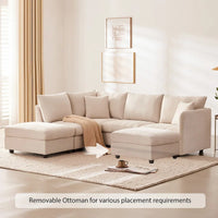 Canapé sectionnel moderne en forme de L à rayures verticales, 2 coussins, ottoman, combinaisons variées, beige