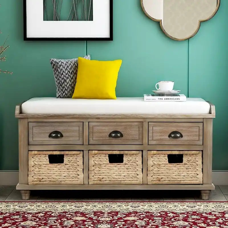 Banc de rangement rustique avec 3 tiroirs et 3 paniers en rotin, banc à chaussures pour salon et entrée