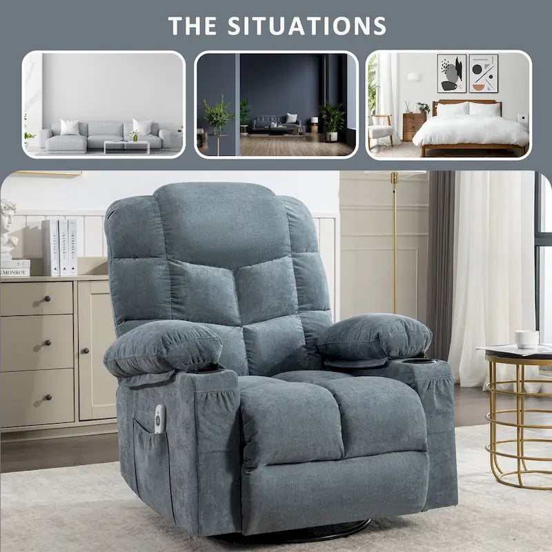 Fauteuil inclinable surdimensionné gris avec chauffage et massage, inclinaison 150, bascule 30, charge USB et 2 porte-gobelets