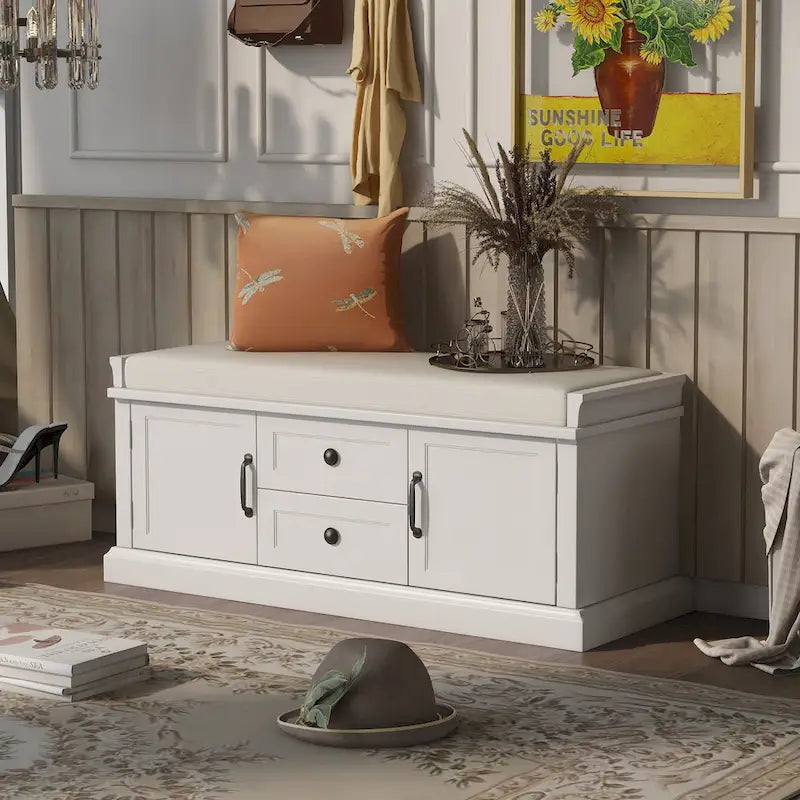 Banc de rangement avec 2 tiroirs et 2 armoires