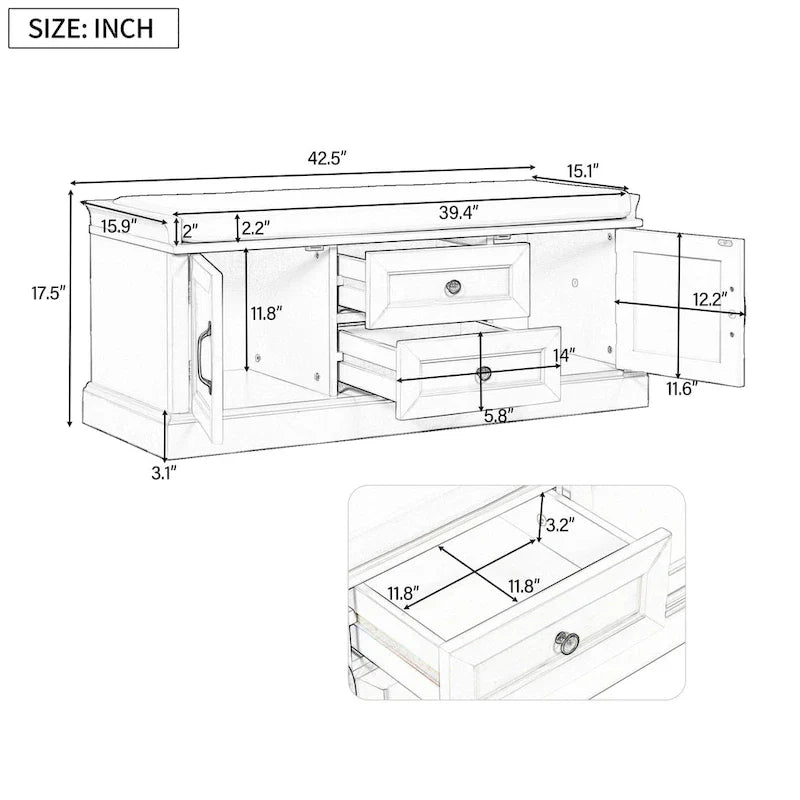 Banc de rangement avec 2 tiroirs et 2 armoires