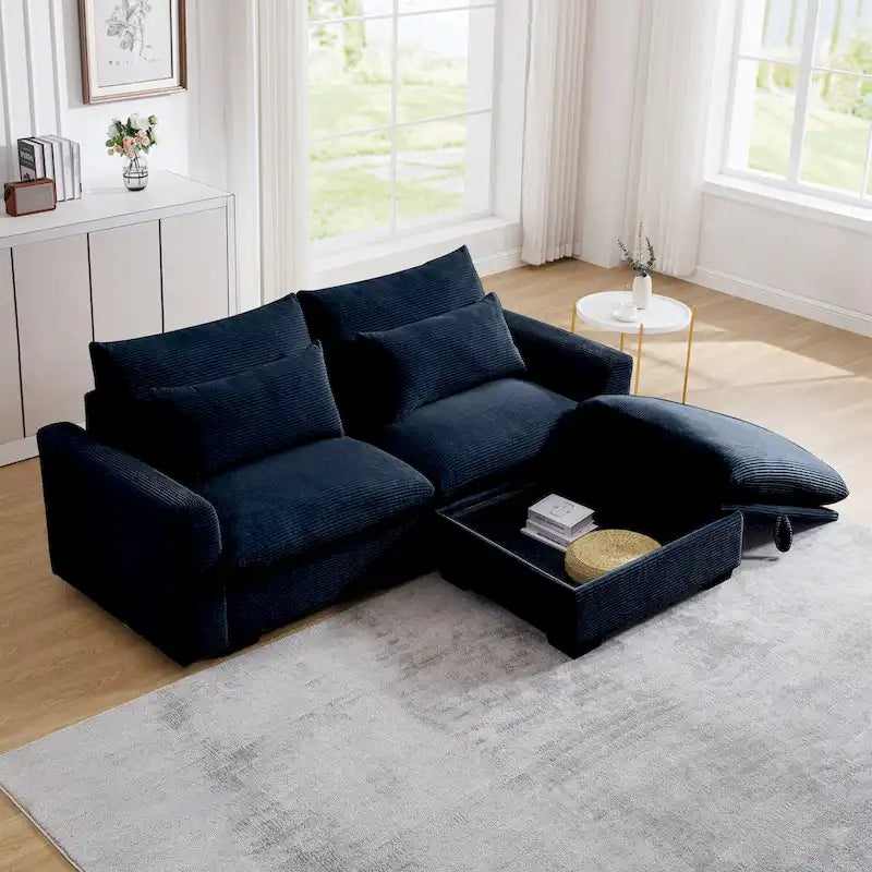 Canapé Sectionnel Confortable en Velours Côtelé avec Coussins et Accoudoirs Ronds, Canapé-Lit en Velours Côtelé Assise Profonde avec Pouf de Rangement