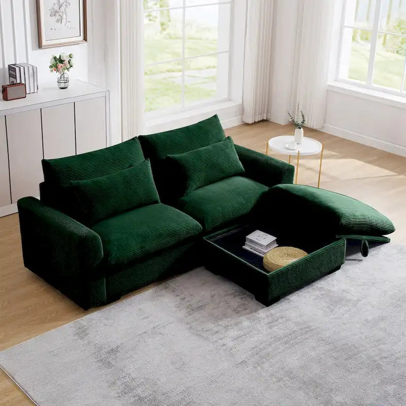 Canapé Sectionnel Confortable en Velours Côtelé avec Coussins et Accoudoirs Ronds, Canapé-Lit en Velours Côtelé Assise Profonde avec Pouf de Rangement