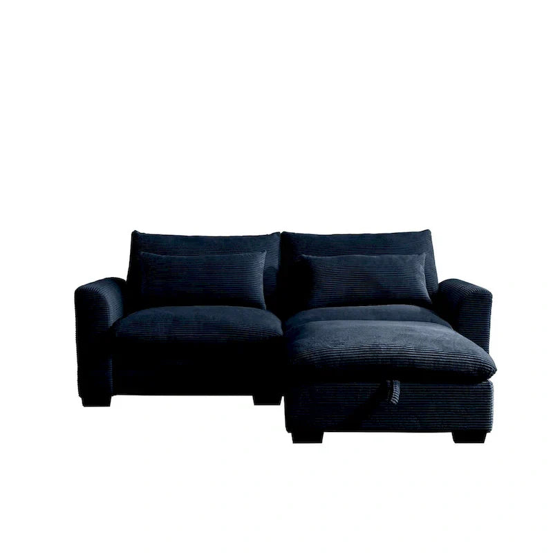 Canapé Sectionnel Confortable en Velours Côtelé avec Coussins et Accoudoirs Ronds, Canapé-Lit en Velours Côtelé Assise Profonde avec Pouf de Rangement