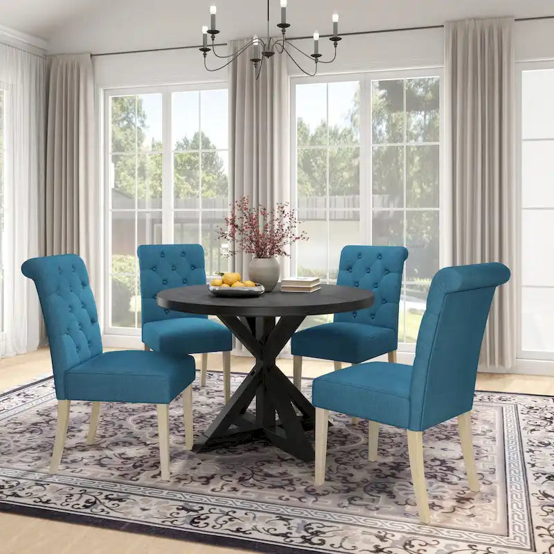 Ensemble de salle à manger rond 5 pièces Roundhill Furniture Banff, table ronde à traverse croisée avec 4 chaises capitonnées