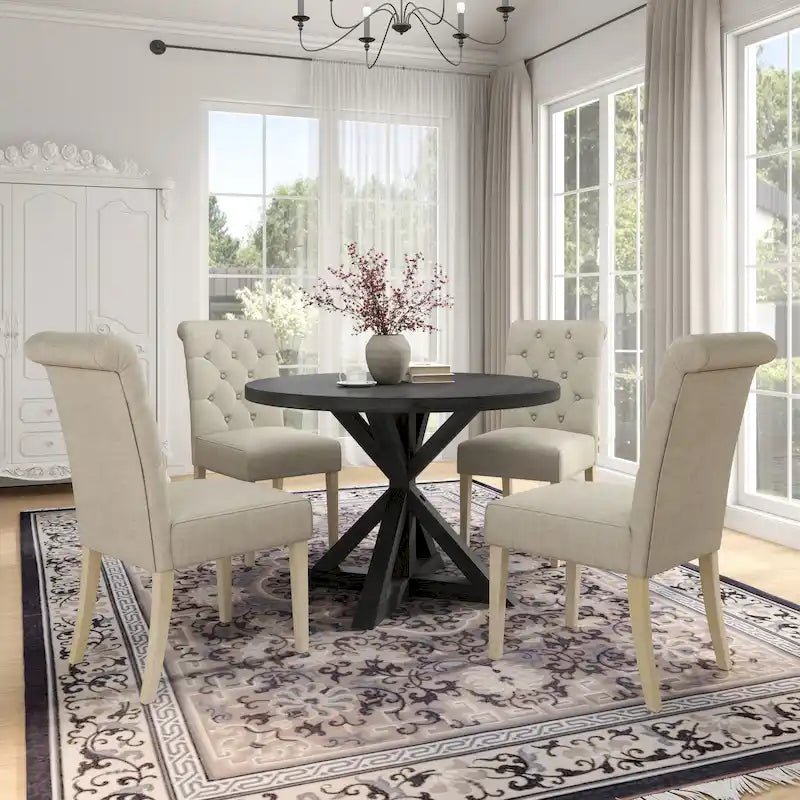 Ensemble de salle à manger rond 5 pièces Roundhill Furniture Banff, table ronde à traverse croisée avec 4 chaises capitonnées