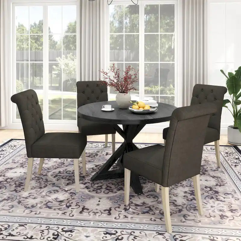 Ensemble de salle à manger rond 5 pièces Roundhill Furniture Banff, table ronde à traverse croisée avec 4 chaises capitonnées