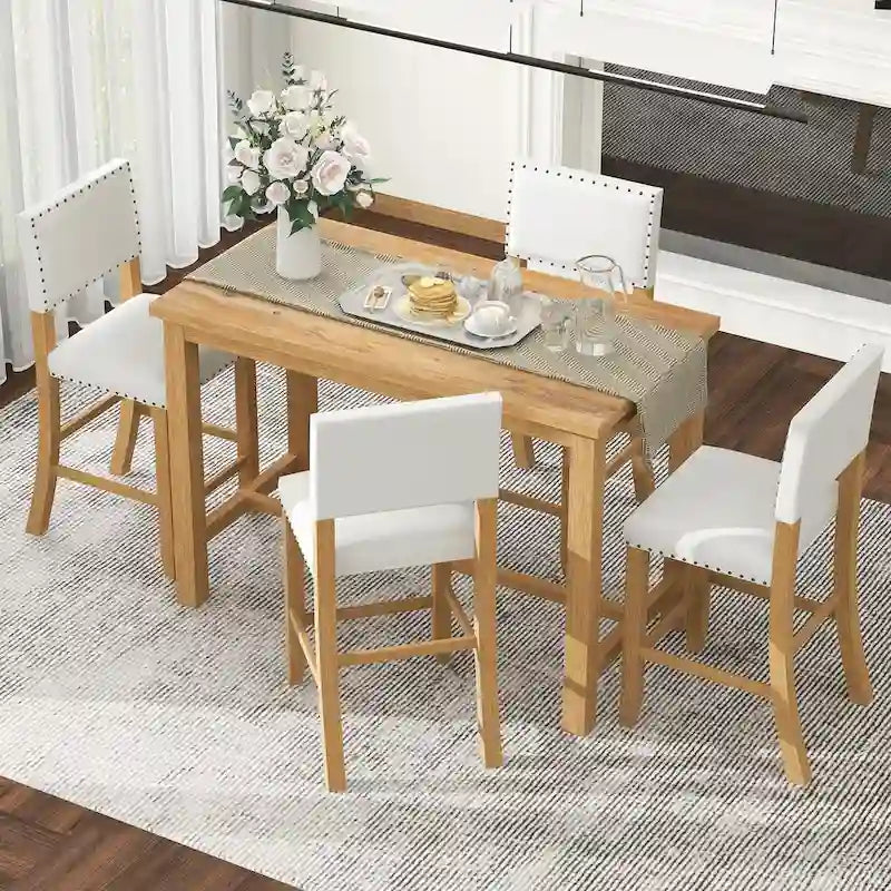 Ensemble de salle à manger hauteur comptoir 5 pièces, table élégante classique et 4 chaises en bois naturel délavé