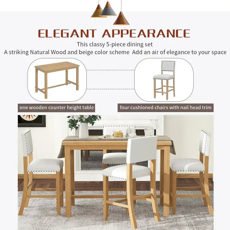 Ensemble de salle à manger hauteur comptoir 5 pièces, table élégante classique et 4 chaises en bois naturel délavé