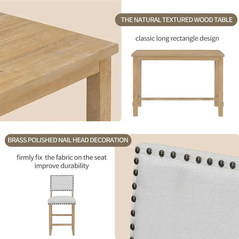 Ensemble de salle à manger hauteur comptoir 5 pièces, table élégante classique et 4 chaises en bois naturel délavé