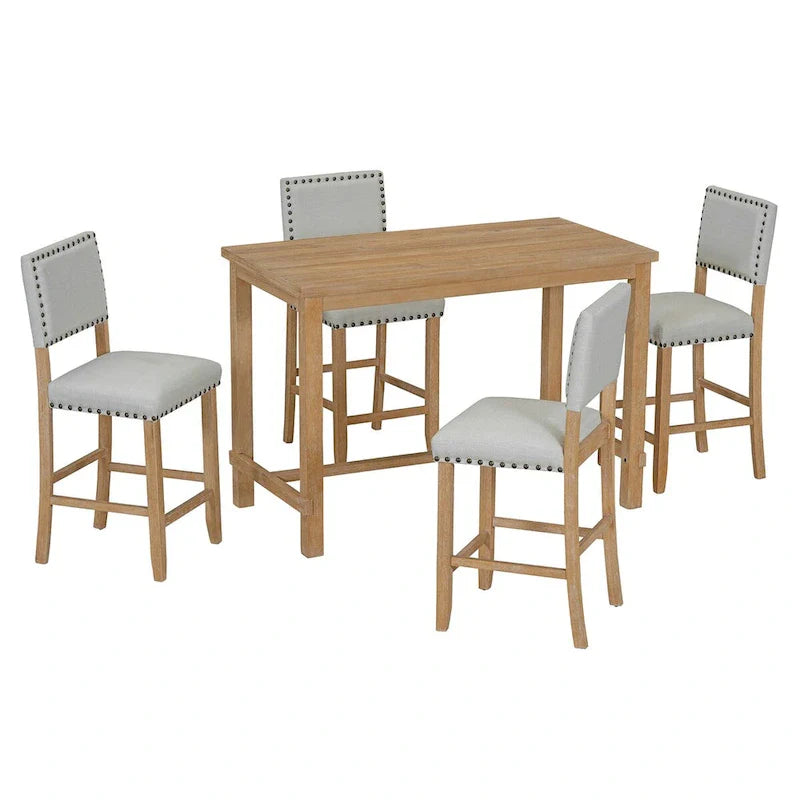 Ensemble de salle à manger hauteur comptoir 5 pièces, table élégante classique et 4 chaises en bois naturel délavé