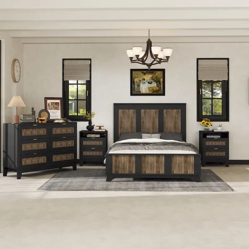 Ensembles de chambre 4 pièces, lit plateforme style ferme taille Full avec décoration en lattes de bois, table de chevet de rangement et commode