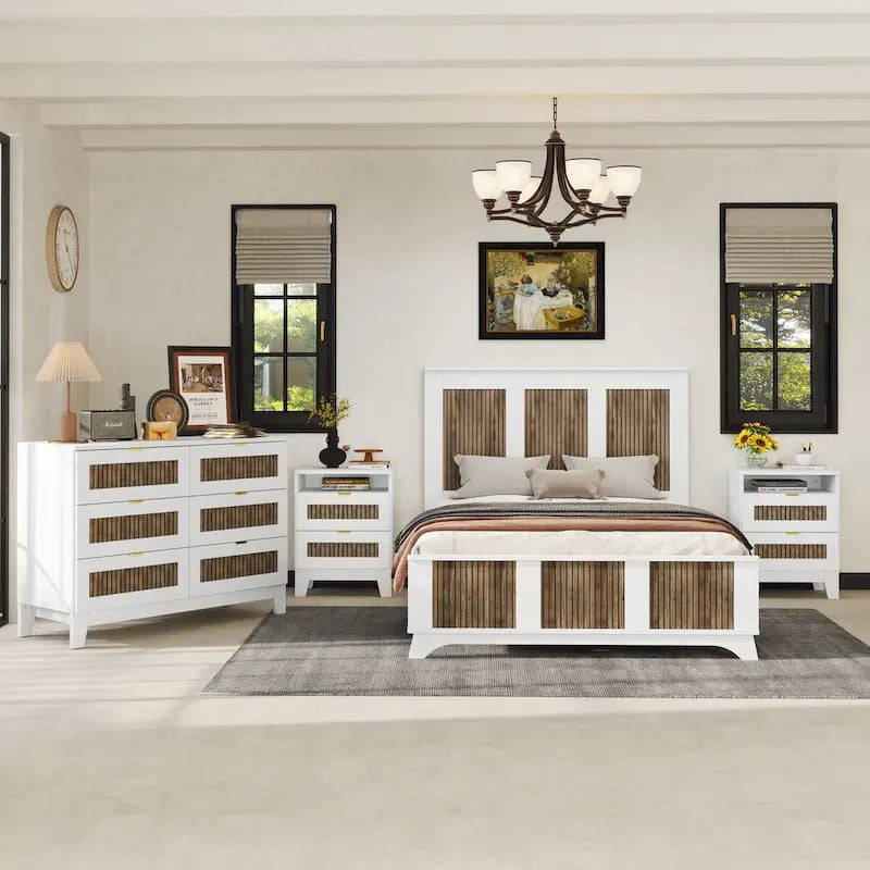 Ensembles de chambre 4 pièces, lit plateforme style ferme taille Full avec décoration en lattes de bois, table de chevet de rangement et commode