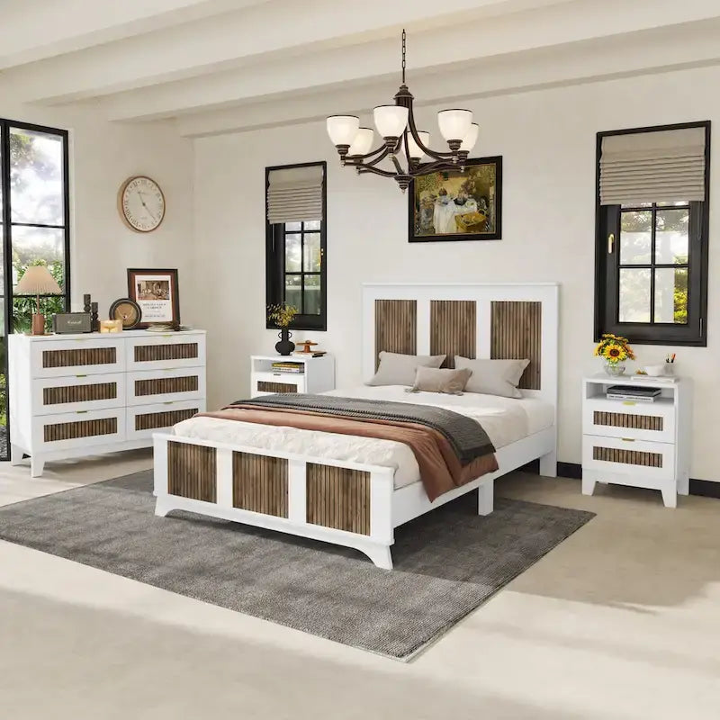 Ensembles de chambre 4 pièces, lit plateforme style ferme taille Full avec décoration en lattes de bois, table de chevet de rangement et commode