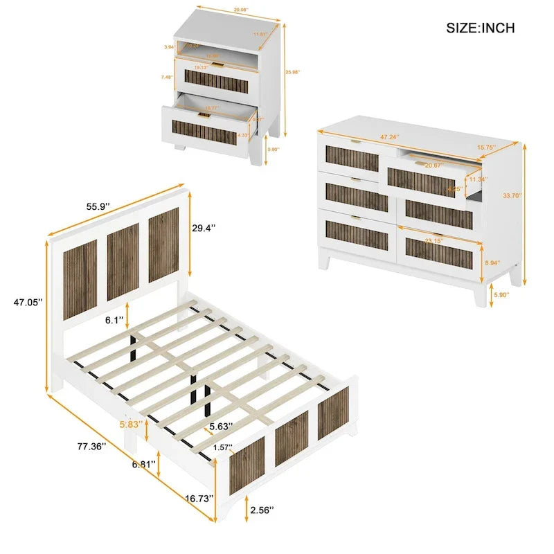 Ensembles de chambre 4 pièces, lit plateforme style ferme taille Full avec décoration en lattes de bois, table de chevet de rangement et commode