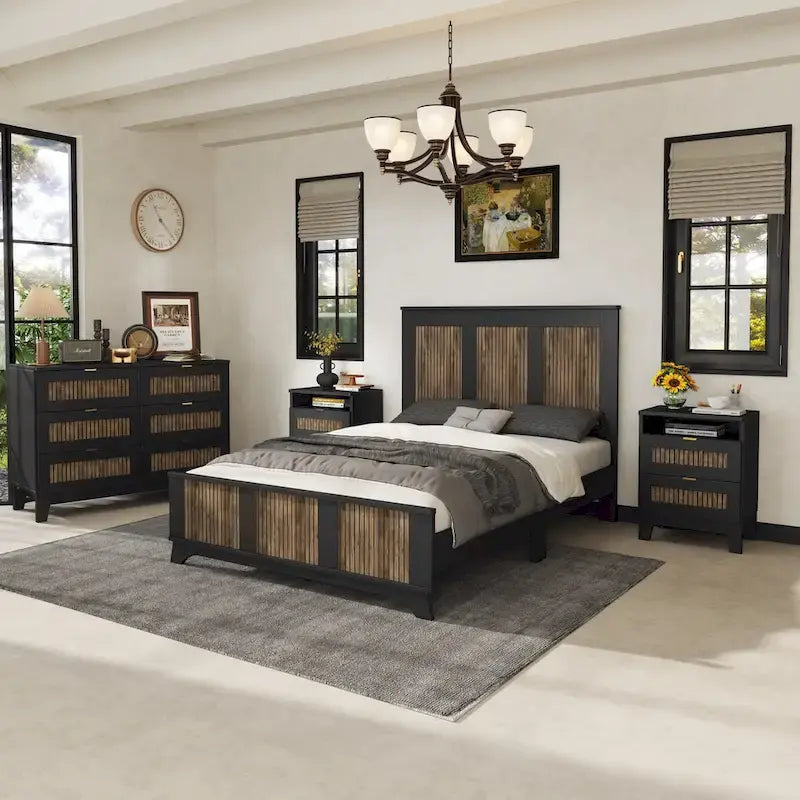Ensembles de chambre 4 pièces, lit plateforme style ferme taille Full avec décoration en lattes de bois, table de chevet de rangement et commode