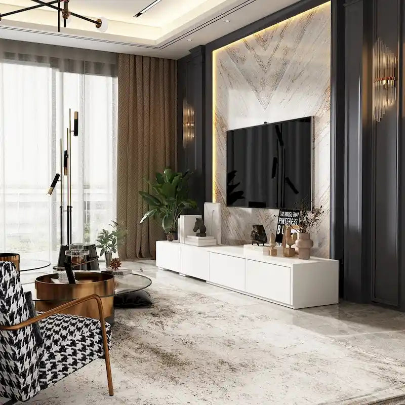 Console TV contemporaine - Armoire de rangement, meuble multimédia blanc