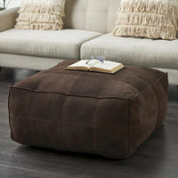 Pouf carré bas en cuir avec motifs patchwork - Marron, Gris ou Marron foncé - Roche River Decor