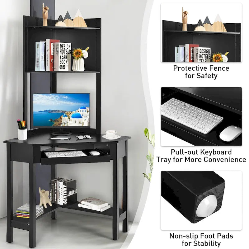 Bureau d'angle triangulaire avec étagère, bibliothèques et tablette pour clavier - Noir/Blanc