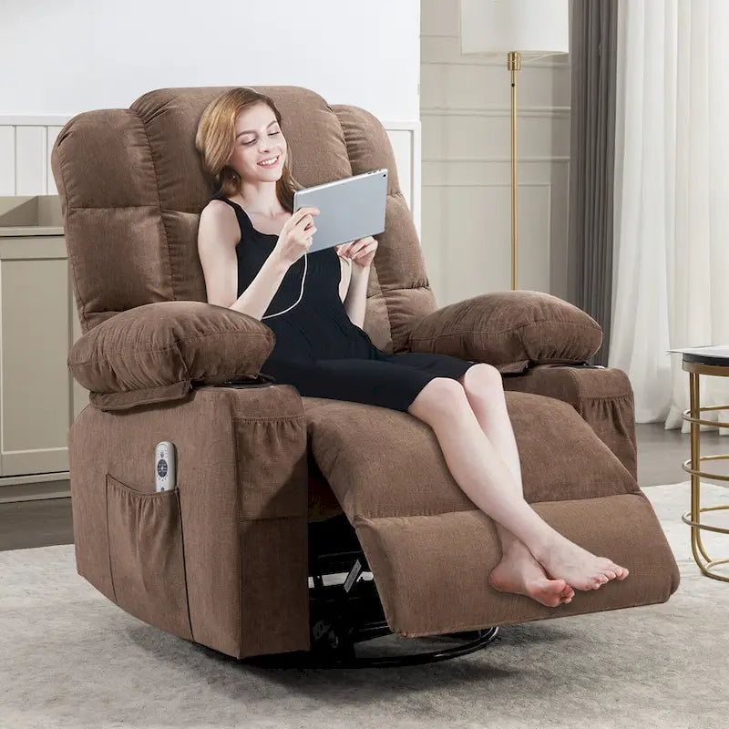 Fauteuil inclinable surdimensionné gris avec chauffage et massage, inclinaison 150, bascule 30, charge USB et 2 porte-gobelets