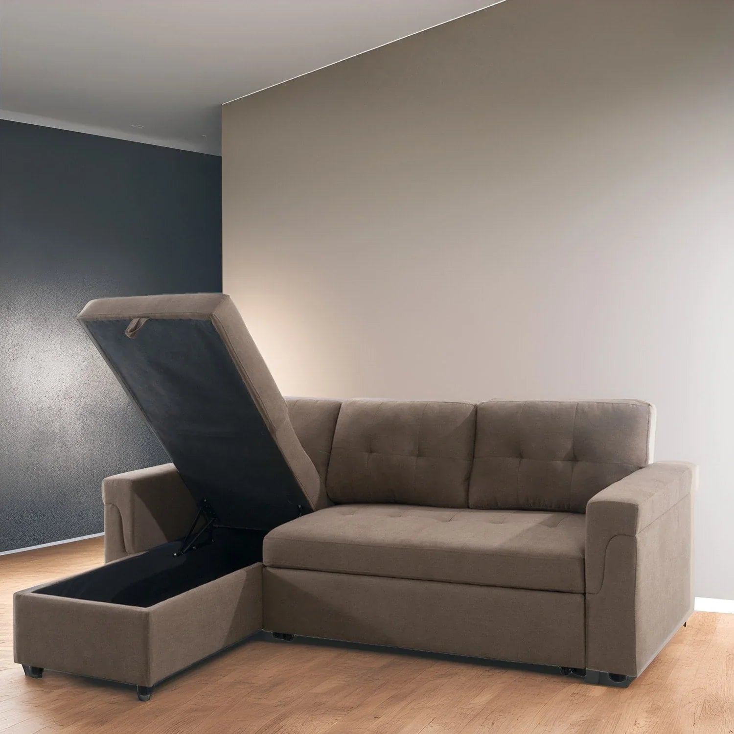 Canapé sectionnel convertible réversible avec lit escamotable, méridienne de rangement dissimulée et pieds durables