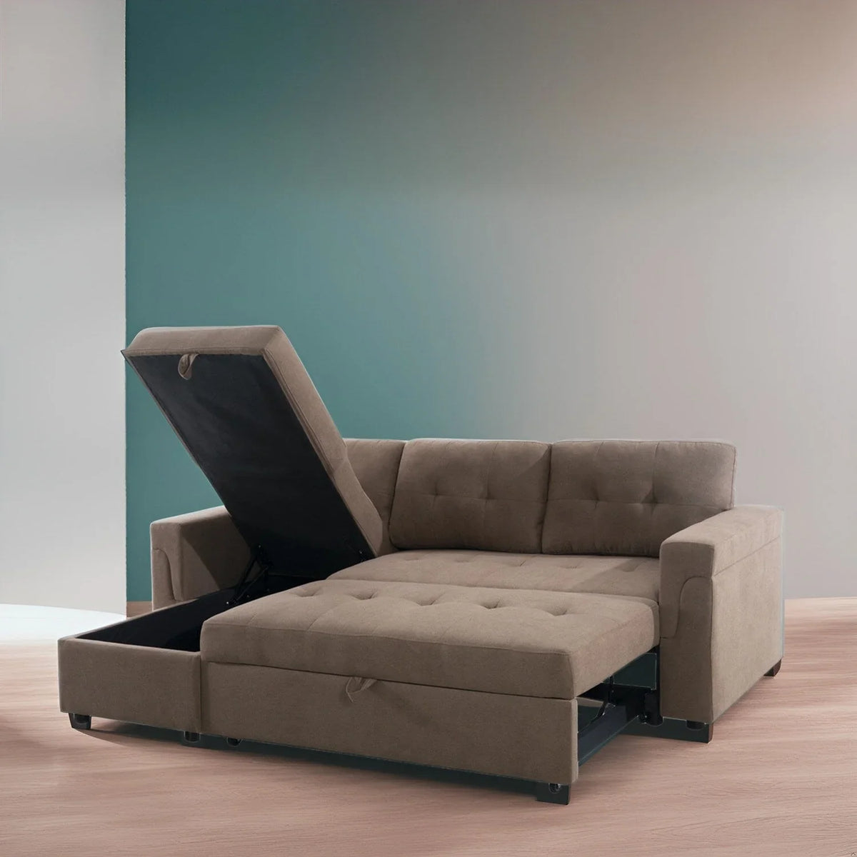 Canapé sectionnel convertible réversible avec lit escamotable, méridienne de rangement dissimulée et pieds durables