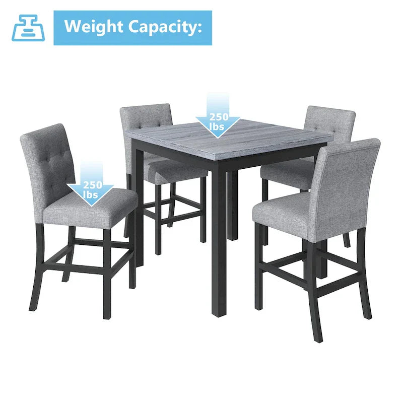 Ensemble de salle à manger hauteur comptoir 5 pièces, ensemble table à manger en bois avec table rectangulaire et 4 chaises rembourrées à dossier haut