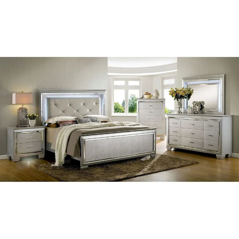 Table de chevet argentée 1 piece avec veilleuse LED