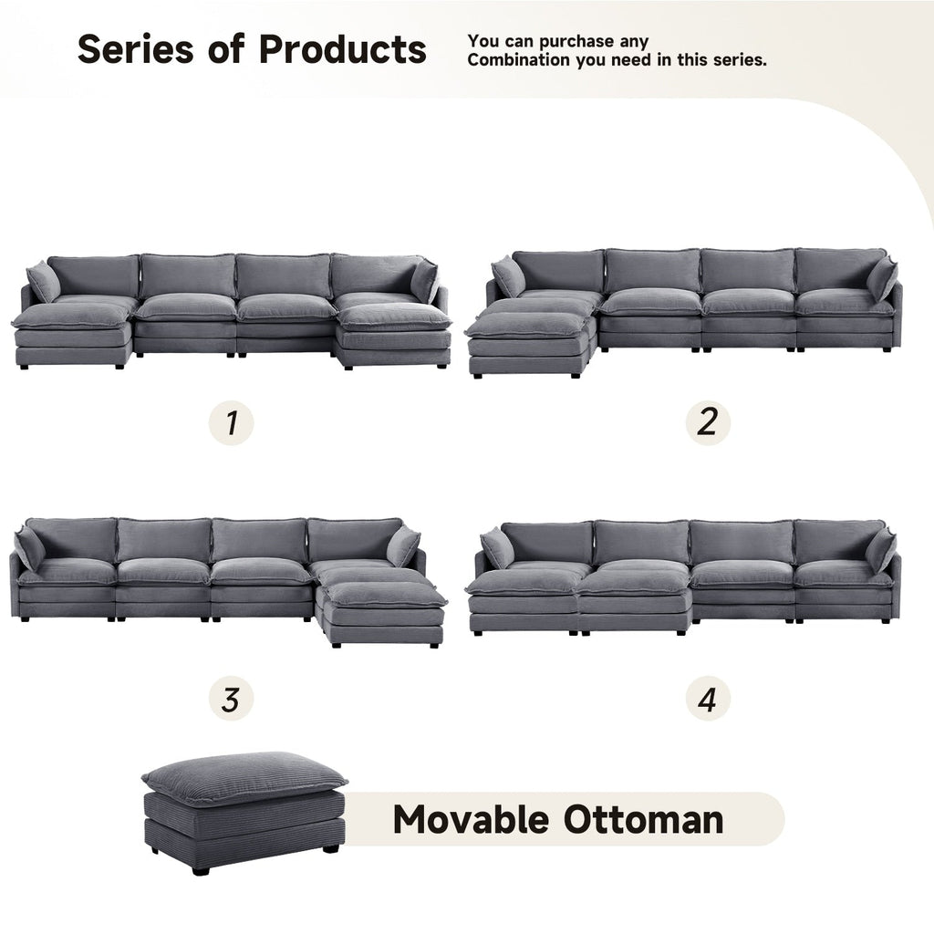 Canapé sectionnel en velours côtelé avec ottomans amovibles & coussins ultra-doux pour salon & chambre